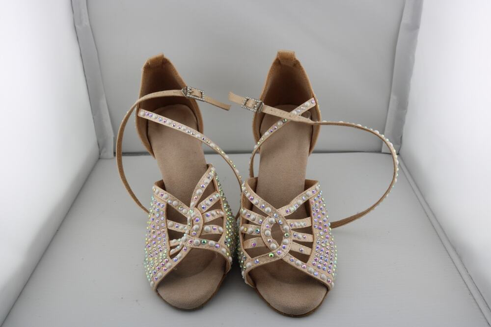 Women's Nude Satin Rhinestone Latin Dance Shoes Ballroom Salsa Strappy Heels